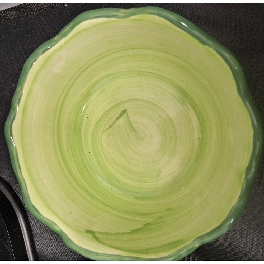 Set of 2 Ceramic Cabbage Leaf Bowls Green Scalloped Rim Hand Painted Bowls